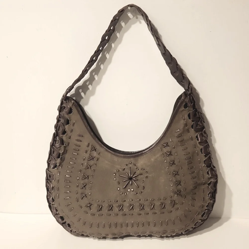 RARE! Cortefiel Canvas & Leather Hobo Shoulder Bag Sage Green & Brown